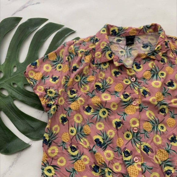 Disney Womens Lilo & Stitch Tie Front Crop Top Size L Pink Tropical Pineapple - Picture 3 of 3